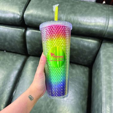 Ly Nhựa Kim Cương Đính Nhiều Màu Có Nắp Và Ống Hút – In Logo Theo Yêu Cầu