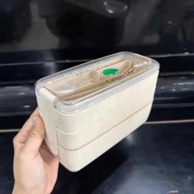 Hộp Cơm Lúa Mạch 2 Ngăn In Logo – Lunch Box Kèm Muỗng Nĩa