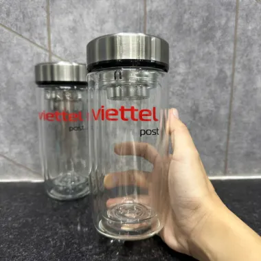 Bình Nước Thủy Tinh Giá Rẻ In Logo Viettel Post – Bình Hai Lớp Quà Tặng Doanh Nghiệp