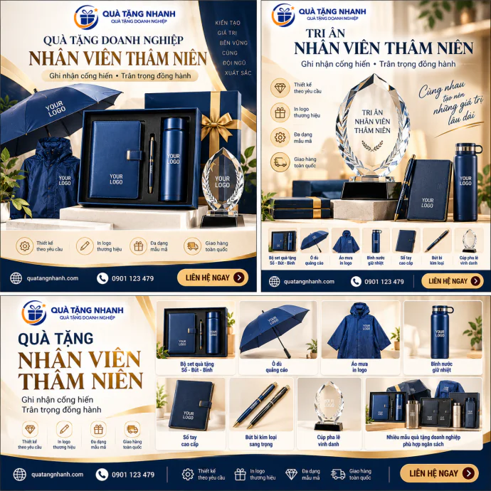 Quà Tặng Nhân Viên Thâm Niên: Bộ Giftset Sổ Bút Bình, Ô Dù, Áo Mưa & Cúp Pha Lê Vinh Danh
