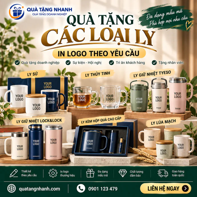 Quà Tặng Các Loại Ly In Logo Theo Yêu Cầu: Ly Sứ, Ly Thủy Tinh, TYESO, Lock&Lock & Ly Lúa Mạch