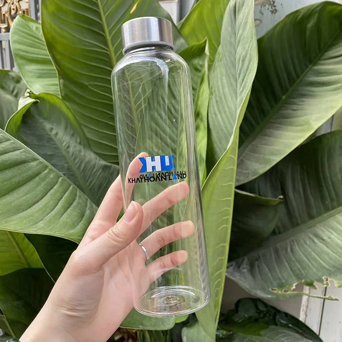 Bình Nước Thủy Tinh In Logo Theo Yêu Cầu – Bình 450ml Nắp Inox Cao Cấp