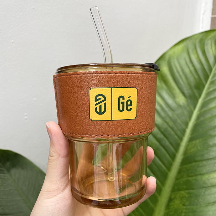 LY THỦY TINH BỌC DA IN LOGO GÉ - LY THỦY TINH  450ML CÓ BAO DA IN LOGO THEO YÊU CẦU