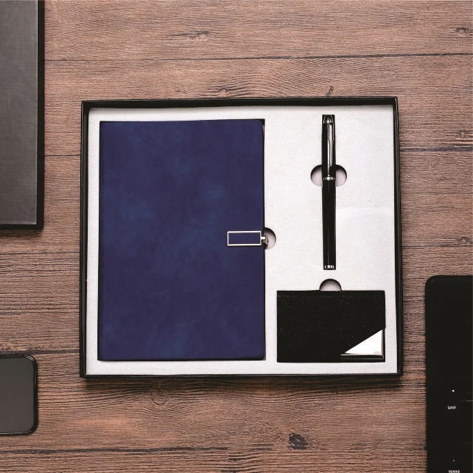 Hộp Quà Sổ Bìa Da Cao Cấp Màu Xanh Dương – Tặng Kèm Bút & Card Visit Sang Trọng