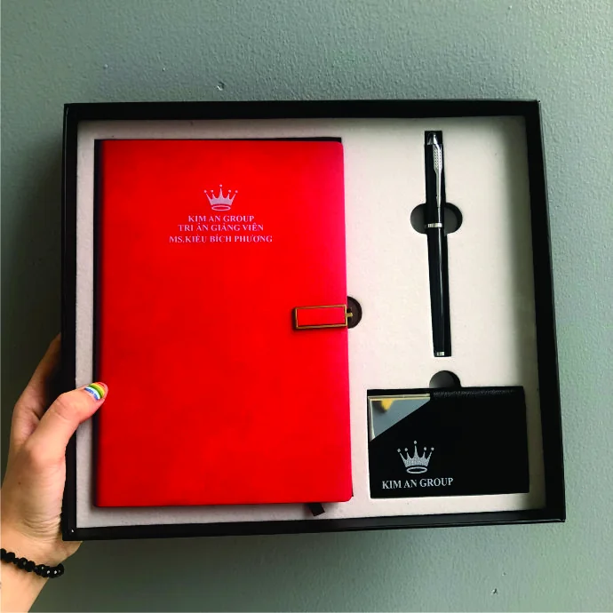 Bộ Quà Tặng Sổ Bìa Da Đỏ Kèm Bút Ký & Hộp Namecard Cao Cấpd