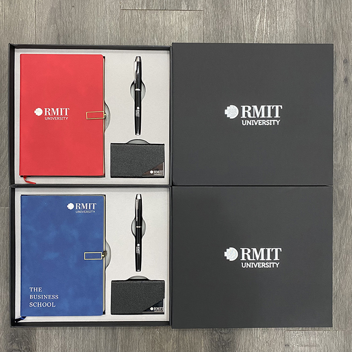 BỘ GIFT 3 MÓN IN LOGO RMIT - BỘ QUÀ TẶNG SỔ TAY NAMECARD BÚT KIM LOẠI KHẮC LOGO