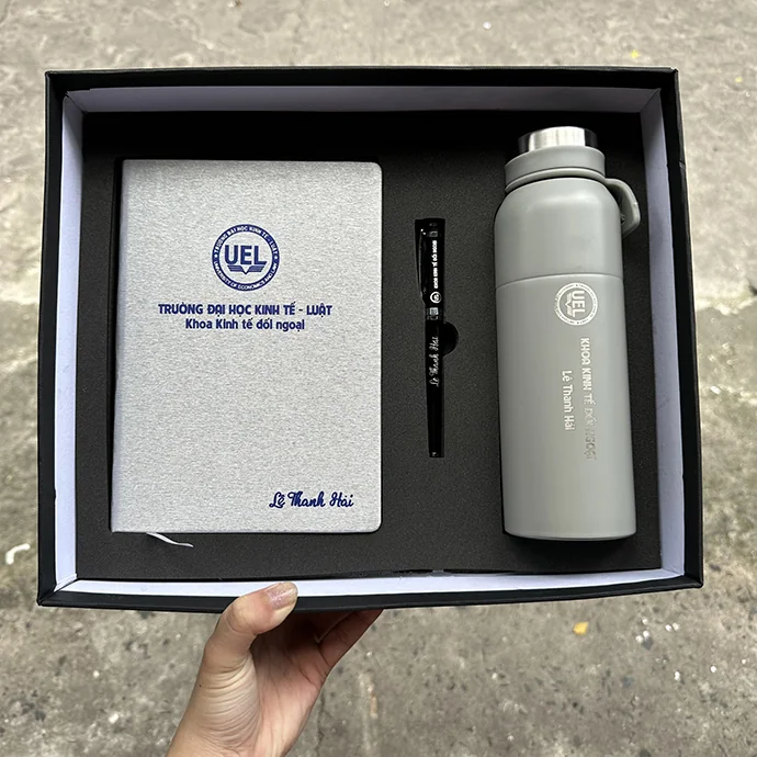 Bộ Quà Tặng Sổ Tay 3 Món – Bình Giữ Nhiệt, Bút Kim Loại In Logo | Cao Cấp – Sang Trọng