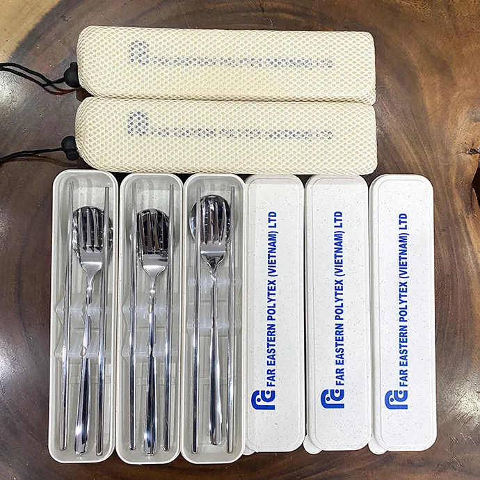 Bộ Đồ Ăn Cá Nhân In Logo – Muỗng Đũa Nĩa Inox 304 Kèm Hộp Lúa Mạch