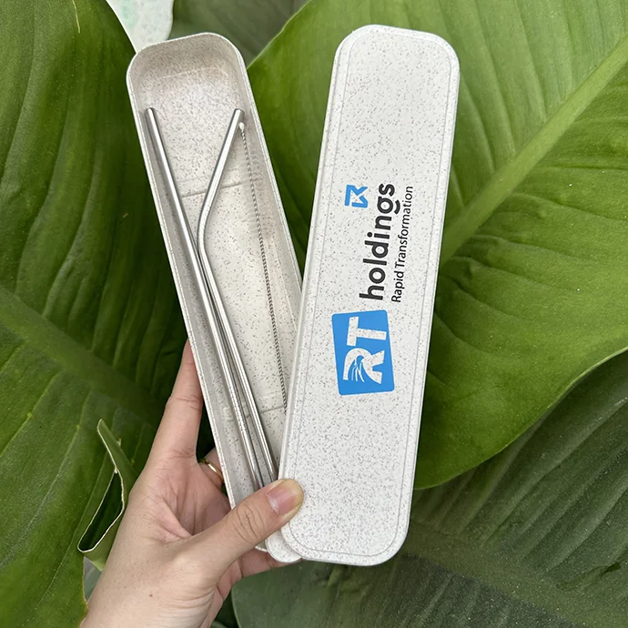 Bộ Ống Hút Inox Kèm Hộp Lúa Mạch In Logo – Ống Hút Thẳng, Ống Hút Cong, Cọ Rửa | Quà Tặng Doanh Nghiệp