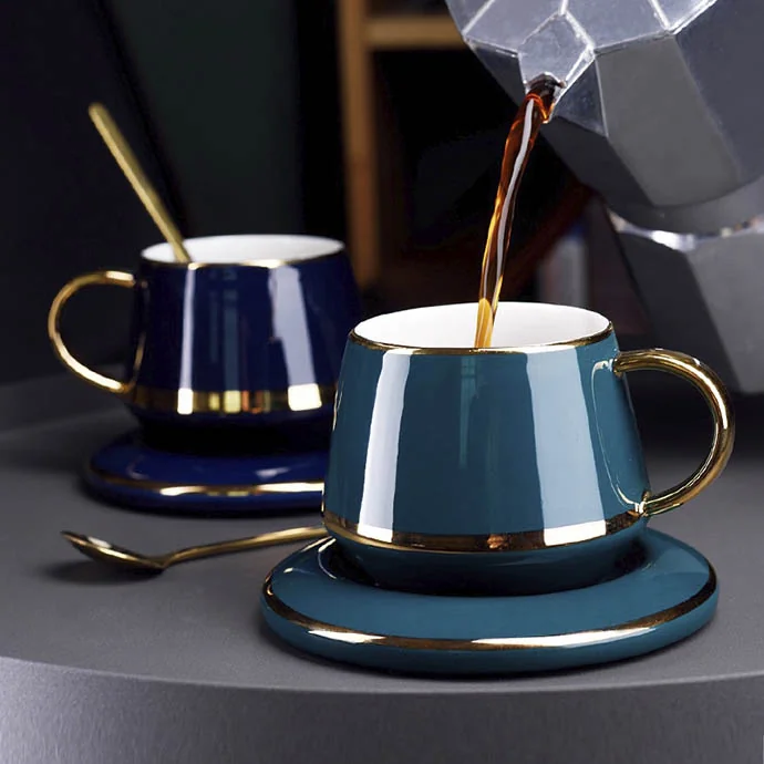 Bộ Tách Cà Phê Sứ Cao Cấp Mạ Vàng Kèm Dĩa & Thìa