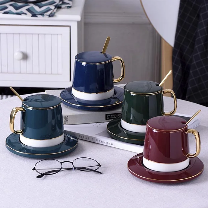 Bộ Tách Cà Phê Sứ Cao Cấp Mạ Vàng Kèm Dĩa & Thìa In Logo