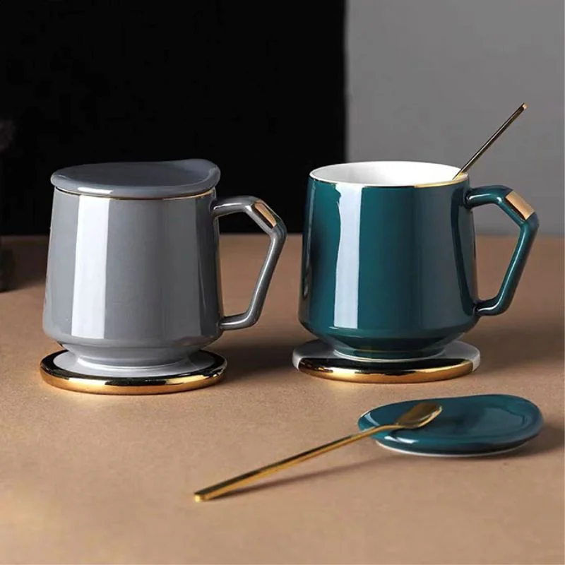 Bộ Tách Sứ Tráng Men Cao Cấp 420ml Kèm Dĩa Nắp Muỗng In Logo