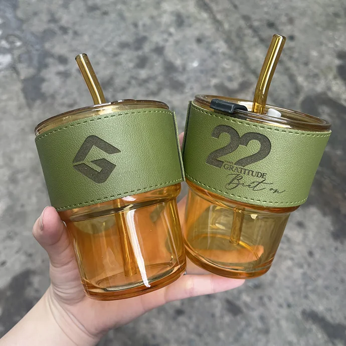 Ly Thủy Tinh 450ml Bọc Da - Khắc Logo Hai Mặt, Giá Rẻ