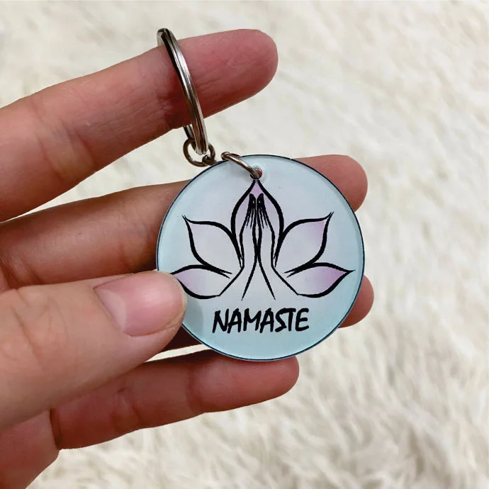 Móc Khóa Namaste Hình Hoa Sen – Tông Xanh Pastel – In Theo Yêu Cầu