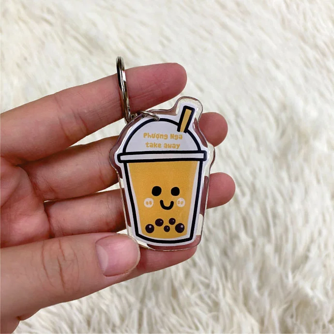 Móc Khóa Mica Hình Ly Trà Sữa Màu Vàng In Logo – Quà Tặng Thương Hiệu Dễ Thương