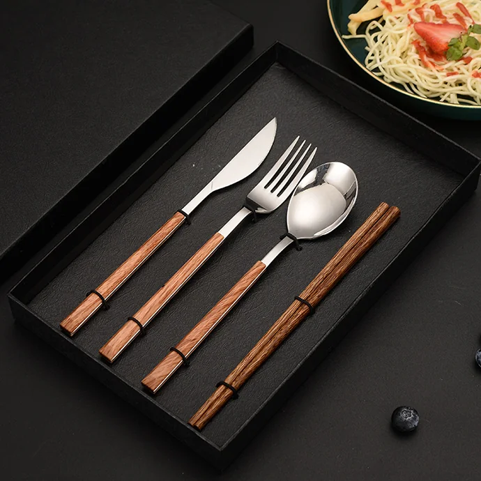 Bộ Muỗng Đũa Nĩa Dao Inox Cán Gỗ In & Khắc Logo Theo Yêu Cầu