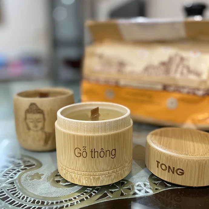 Nến Thơm Vỏ Tre/Gỗ Tự Nhiên Khắc Tên Khắc Logo Theo Yêu Cầu – Set Quà Tặng Thư Giãn, Trang Trí