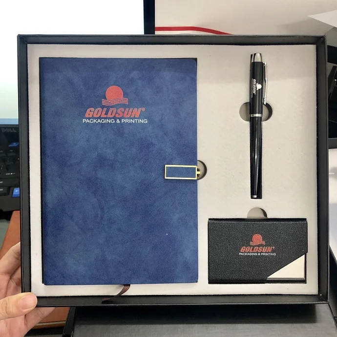 Bộ Quà Tặng Sổ Da Goldsun – Sổ Da Xanh + Bút + Hộp Namecard Cao Cấp