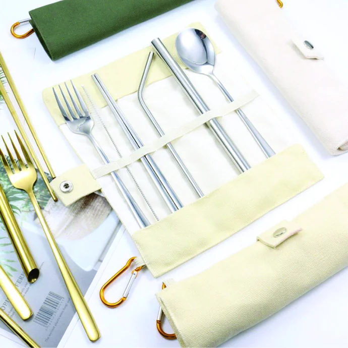 Bộ Dụng Cụ Ăn Inox 304 Kèm Ống Hút Inox – Túi Vải Cuộn Eco Tiện Lợi