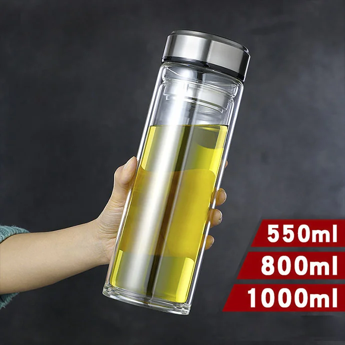 Bình Nước Thủy Tinh 2 Lớp In Logo Theo Yêu Cầu – Nắp Inox