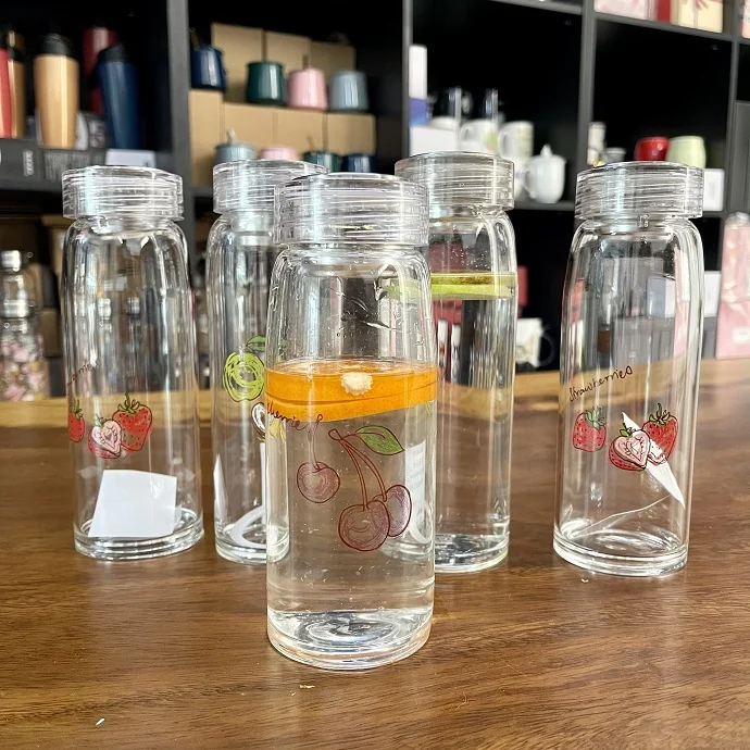 Bình Nước Thủy Tinh Họa Tiết Trái Cây 350ml In Logo Theo Yêu Cầu – Quà Tặng Doanh Nghiệp