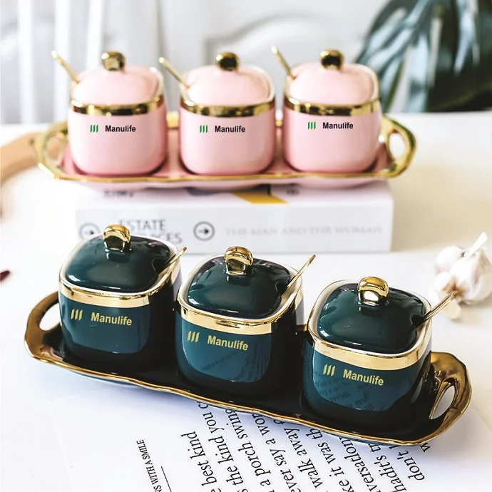 Khay Đựng Gia Vị In Logo – Bộ Hũ Gia Vị Sứ Cao Cấp Mạ Vàng