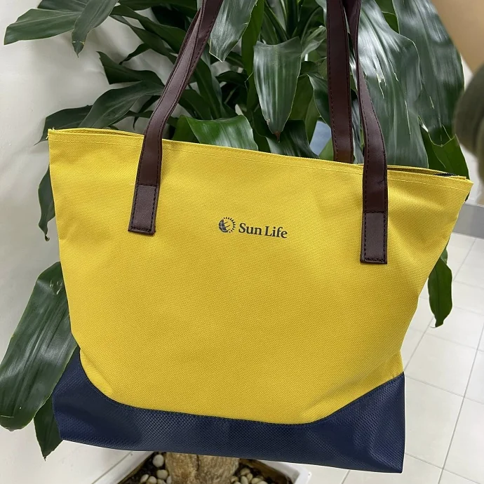 Túi tote vải bố hai màu quai da in logo theo yêu cầu