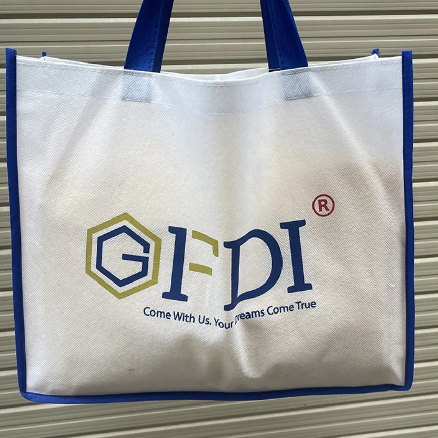 TÚI VẢI KHÔNG DỆT MÀU TRẮNG VIỀN XANH – NHẬN IN LOGO THEO YÊU CẦU