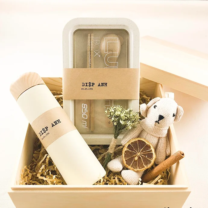 Bộ Quà Tặng Bình Nước & Bộ Muỗng Đũa - Túi Vải In Logo Theo Yêu Cầu