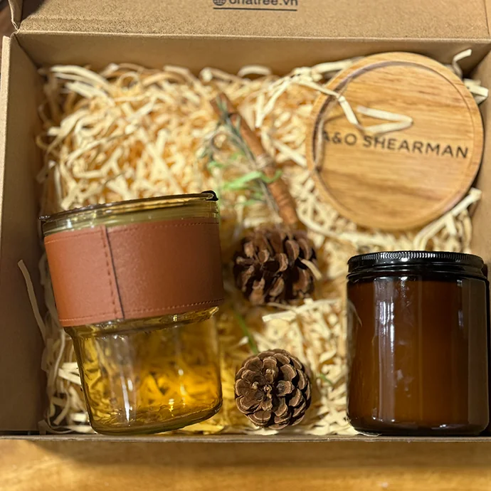 Bộ Quà Tặng Ly Bọc Da - Nến Thơm - Đế Lót Ly | In Logo Theo Yêu Cầu