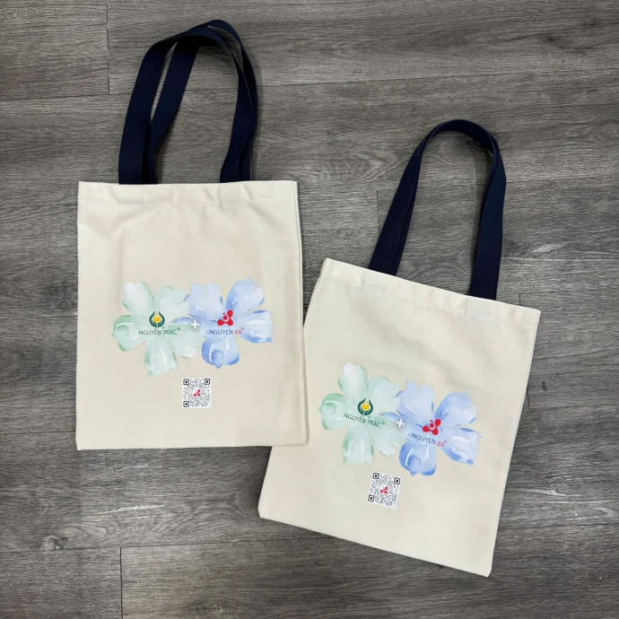 Túi tote vải canvas quai đeo dài in hình hoa in logo
