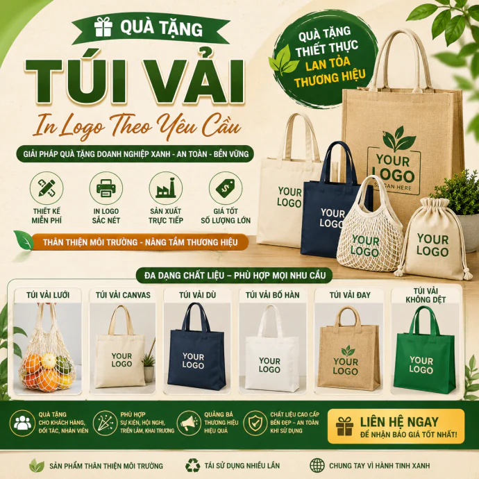 Quà Tặng Túi Vải In Logo Theo Yêu Cầu – Túi Vải Canvas, Túi Vải Không Dệt, Túi Vải Đay, Túi Vải Dù, Túi Vải Lưới Và Túi Vải Bố Hàn