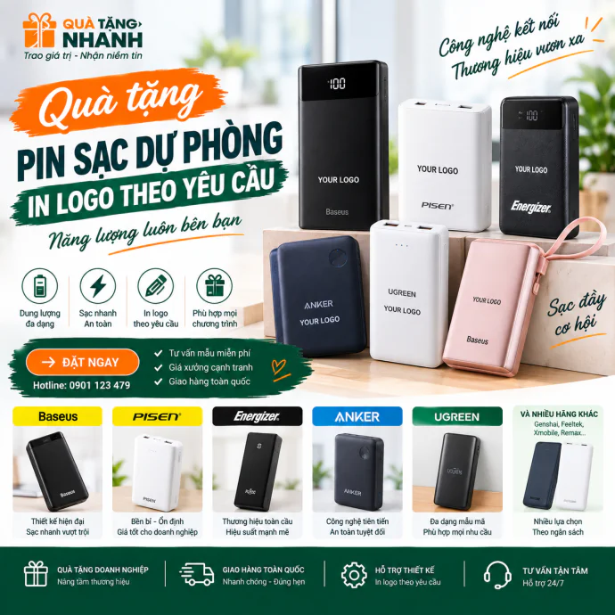 Quà Tặng Pin Sạc Dự Phòng In Logo – Baseus, Pisen, Energizer, Anker, UGREEN & Các Hãng Lớn
